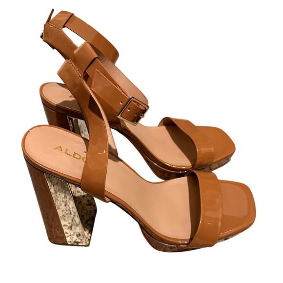 Aldo Priyah Strappy Patent Leather Cognac Block Chunky Block Heel, NWOT, size 11 - Picture 2 of 8